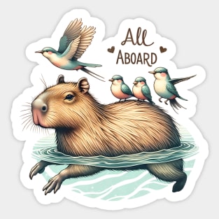 All Aboard Capybara Swimming with Birds Sticker